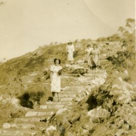 Gladys Knight, unknown, Olive Freeman and Jan Mackintosh (l-r), Mt Tinbeerwah lookout, Cooroy, 26 October 1948