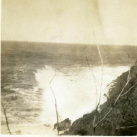 Big waves onto cliffs, Fairy Pool, Noosa National Park, Noosa Heads, 1948
