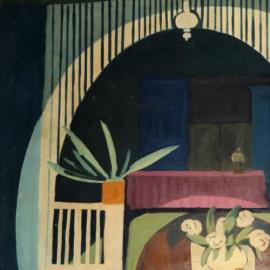 Enlargement of portion of painting: Lady playing a piano