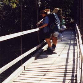 Erica and Vic Collins, Kin Kin Creek suspension bridge, Cooloola Wilderness Trail, Great Sandy National Park, August 1992