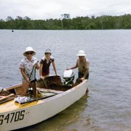 Beulah Stanfield, Brett Grice and Ernie Stanfield, Weyba Creek, Noosaville, ca 1979