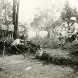 Brett, Ricky, Gary, Pam, Laura Grice and Bimbo (dog) (l-r), Weyba Creek, Noosaville, 1970
