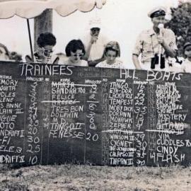 Festival of Waters, Boat entry board with Lionel Jarrett (on mic), Noosaville, 11 October 1959
