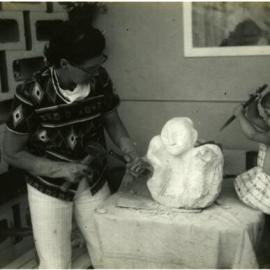 Emma and Elissa Freeman, sculpting, 'Driftwood', Morwong Drive, Noosa Heads, ca November 1966
