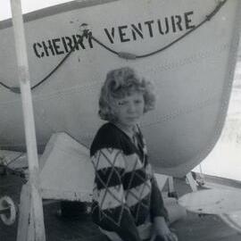 Carl Freeman and life boat, Cherry Venture, Teewah Beach, Noosa North Shore, August 1973