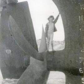 Elissa Freeman and propeller, Cherry Venture, Teewah Beach, Noosa North Shore, August 1973