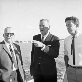 Hec Franks , Wally Rae and Ian Macdonald (l-r) aboard the Cooloola Queen (Everglades Tours), Parkyn Boat Wharf, Tewantin, 21 June 1971