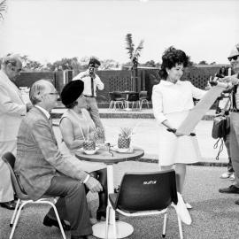 Duke and Duchess of Bedford and Lady Fairfax, Surfair International Hotel, Marcoola, October 1971