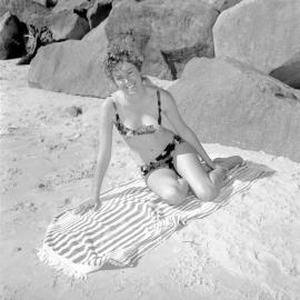 Bikini model, Noosa Main Beach, Noosa Heads, 1971