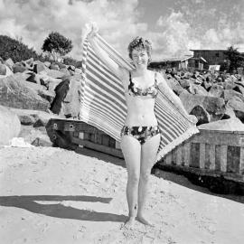 Bikini model, Noosa Main Beach, Noosa Heads, 1971