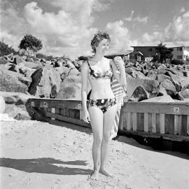 Bikini model, Noosa Main Beach, Noosa Heads, 1971