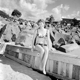 Bikini model, Noosa Main Beach, Noosa Heads, 1971