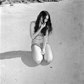 Bikini model, Noosa Main Beach, Noosa Heads, 1971