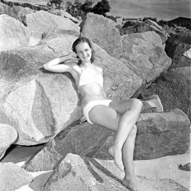 Bikini model, Noosa Main Beach, Noosa Heads, 1971
