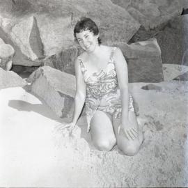Bikini model, Noosa Main Beach, Noosa Heads, 1971