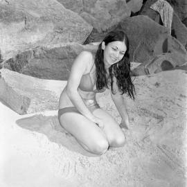Bikini model, Noosa Main Beach, Noosa Heads, 1971