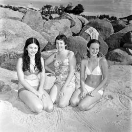Bikini models, Noosa Main Beach, Noosa Heads, 1971