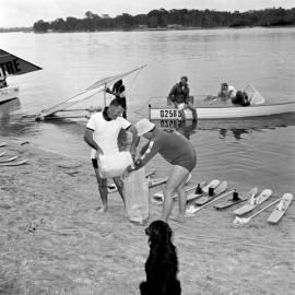 Water skiers preparations, Noosa River, Tewantin, 29 August 1971