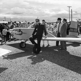 Brian Schellbach with his self-made Volk plane, air pageant, Maroochy Airport, Marcoola, 5 September  1971