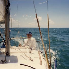 Kevin Freeman aboard 'Penguin', Laguna Bay, Noosa Heads, 30 November 1988