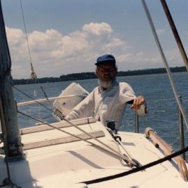 Kevin Freeman aboard 'Penguin', Laguna Bay, Noosa Heads, 30 November 1988