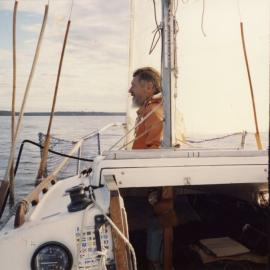 Kevin Freeman aboard 'Penguin', Kauri Creek, Great Sandy Straits, 8 July 1989