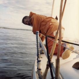 Kevin Freeman aboard 'Penguin', Kauri Creek, Great Sandy Straits, 8 July 1989