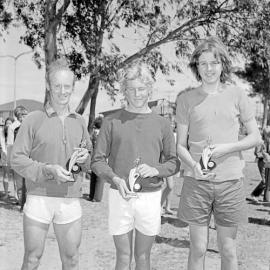 Brian Nanyon, Glen O'Brien and James Litten, footrace prize-winners, Festival of Waters, Gympie Terrace, Noosaville, 2 September 1972