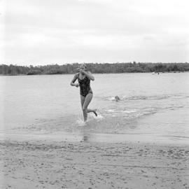 Competitors, cross river swim races, Festival of Waters, Noosa River, Noosaville, 2 September 1972